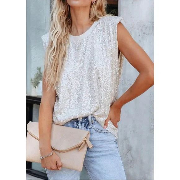 Silver Sequin Cap Sleeve Top - Picture 2 of 7